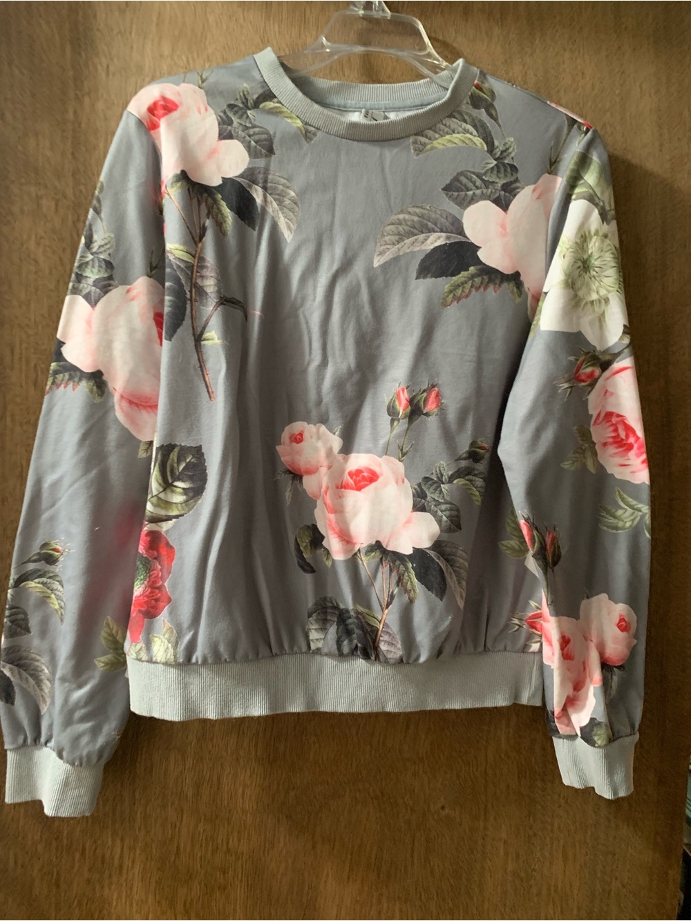 Gray Floral Crewneck Sweatshirt with Pink Roses